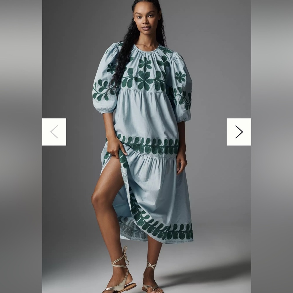 Anthropologie Embroidered Puff-Sleeve Midi Dress SP Color: Blue NWT - Picture 1 of 6